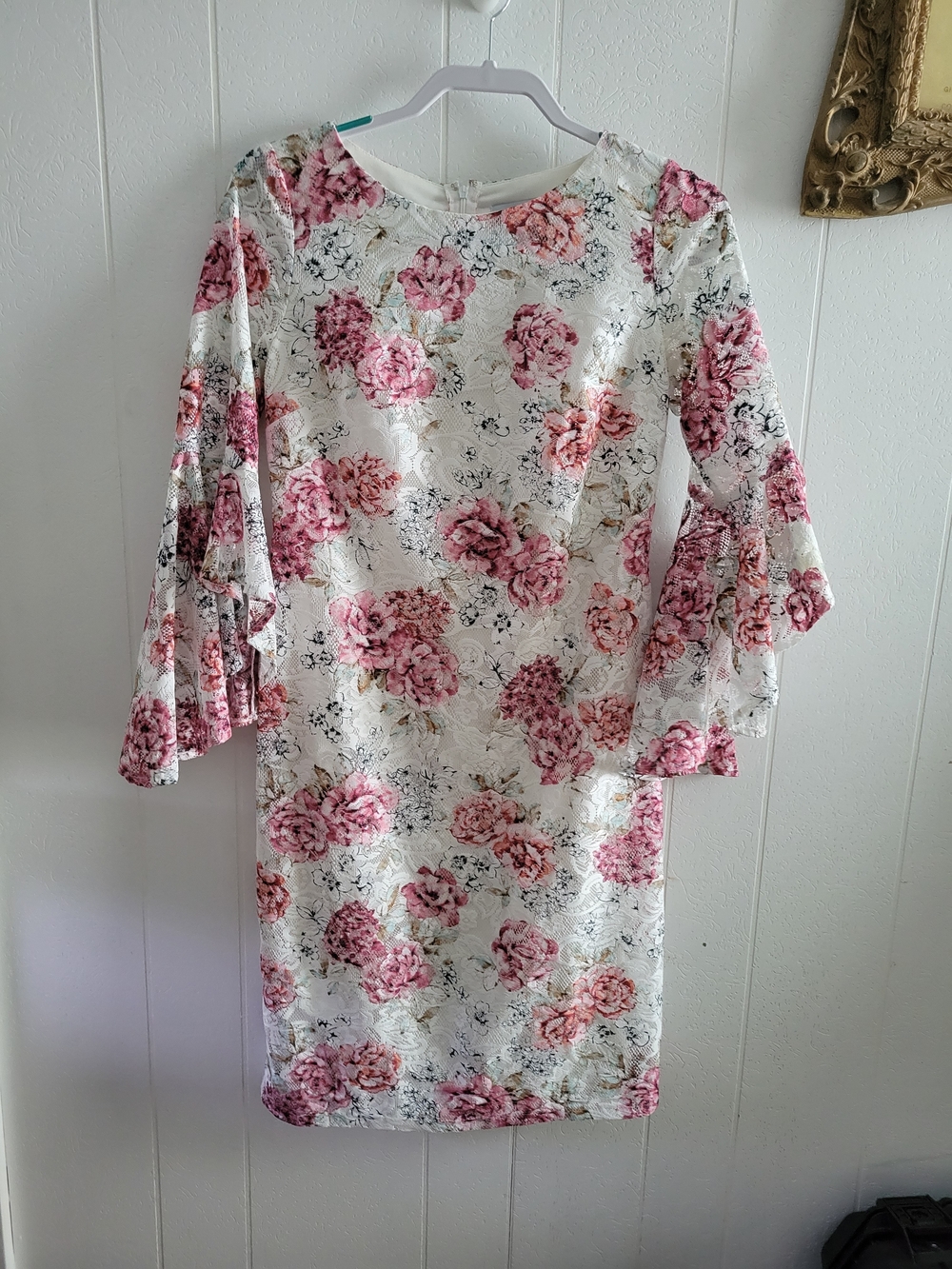 Shelby & Palmer Cream Midi Dress with Pink Floral Print and Bell Sleeves